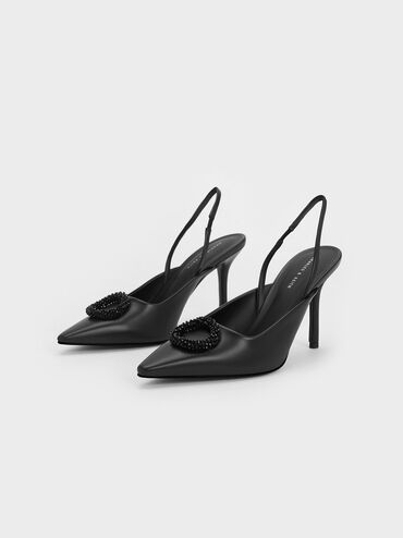 Beaded Circle Slingback Pumps, สีดำ, hi-res