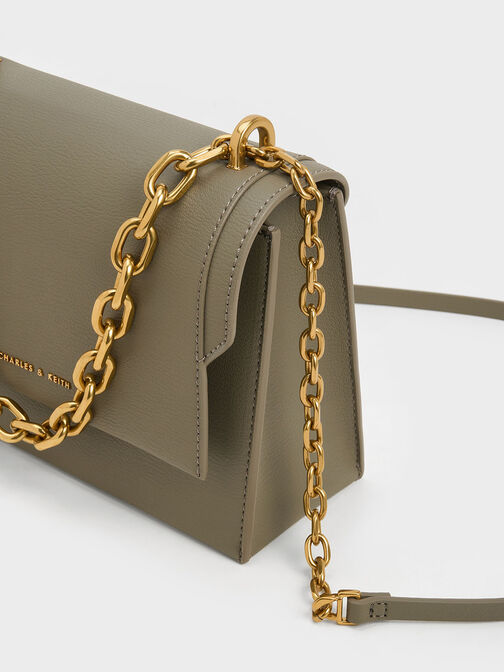 Front Flap Chain Handle Crossbody Bag, Khaki, hi-res