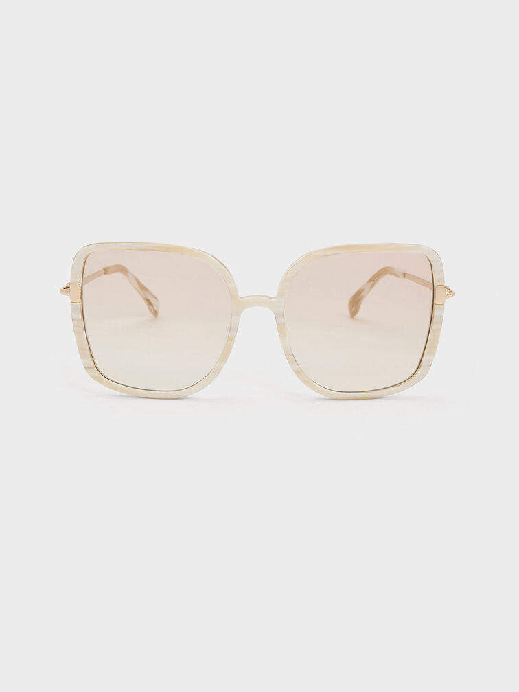 Oversized Square Chain-Link Sunglasses, สีครีม, hi-res