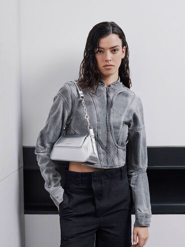 Olivia Metallic Trapeze Shoulder Bag, สีเงิน, hi-res