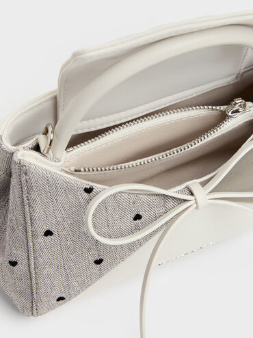 Hazel Heart-Print Bow Panelled Top Handle Bag, Taupe, hi-res