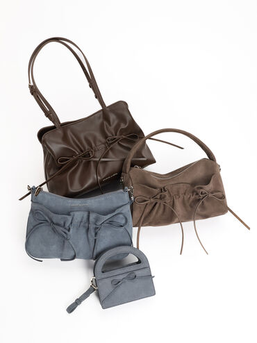 Reese Ruched Bow Shoulder Bag, Espresso Brown, hi-res