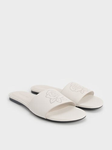 Perforated-Rose Motif Slide Sandals, Chalk, hi-res
