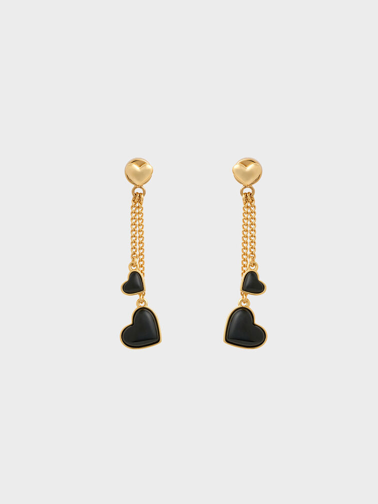 Annalise Double Heart Stone Drop Earrings, Black, hi-res