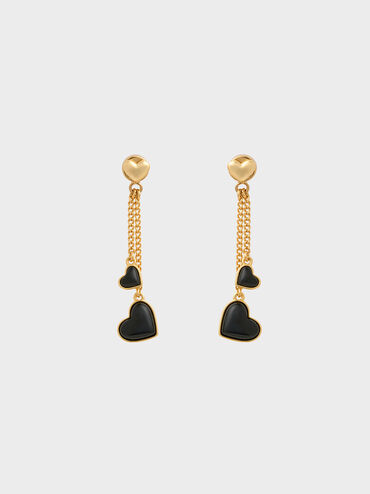 Double Heart Stone Drop Earrings, สีดำ, hi-res