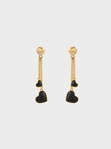 Annalise Double Heart Stone Drop Earrings, Black, hi-res