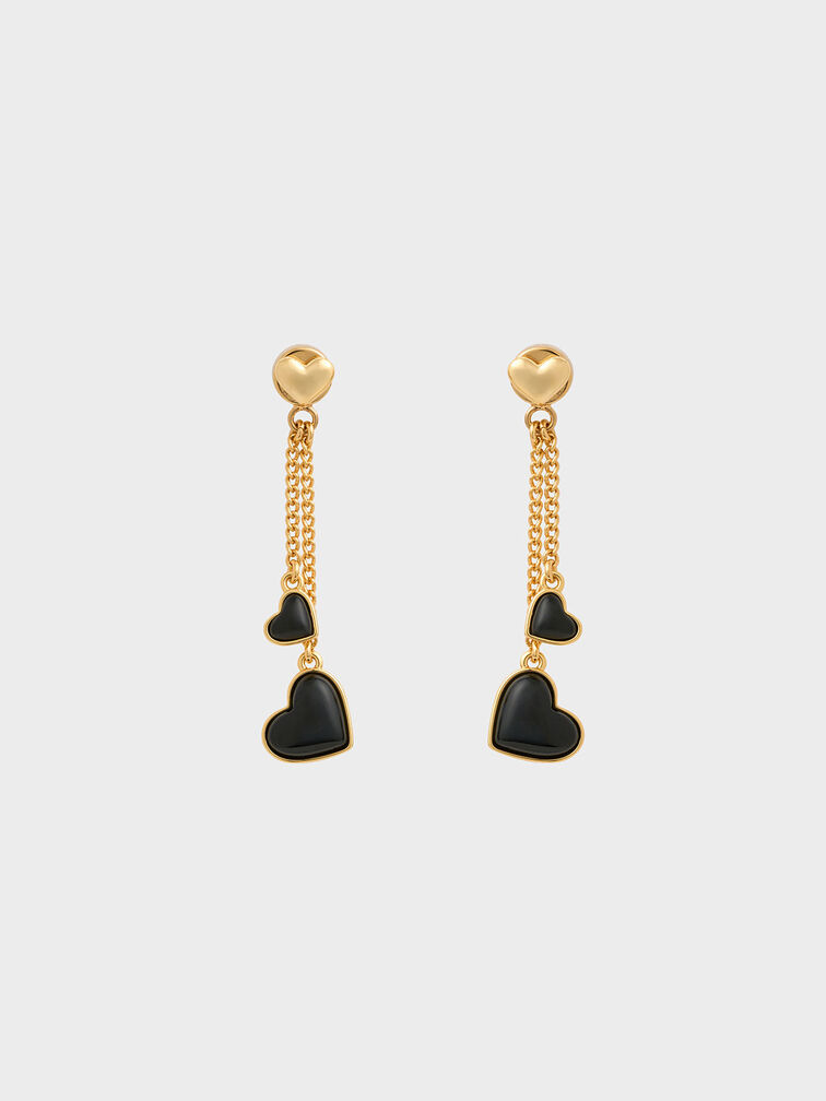 Double Heart Stone Drop Earrings, สีดำ, hi-res