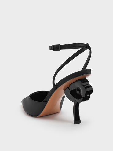 รองเท้าส้นสูงดีเทลส้นรูปดอกไม้ดีไซน์หัวแหลมพร้อมสายรัดข้อเท้า, สีแบล็คเท็กซ์เจอร์, hi-res