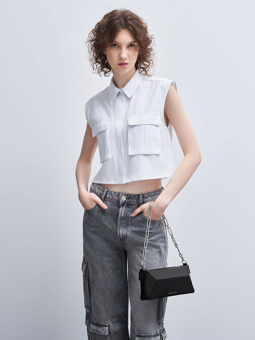 Nasrin Geometric Chain-Handle Shoulder Bag, สีดำอะไหล่สีเงิน, hi-res