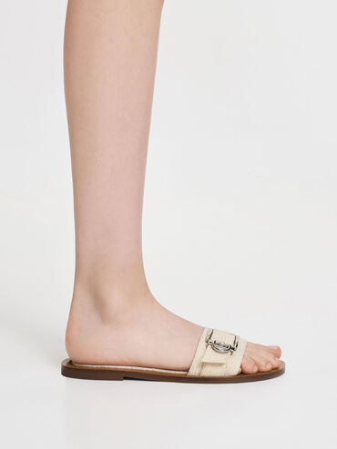 Linen Metallic Buckle Slides, Beige, hi-res