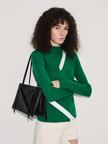 กระเป๋าโท้ททรงสี่เหลี่ยมผืนผ้ารุ่น Midori, สีดำอะไหล่สีเงิน, hi-res