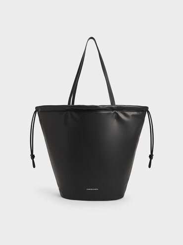 Sianna Ruched Drawstring Tote Bag, Black, hi-res