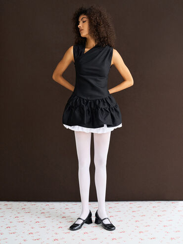 รองเท้าแมรี่เจนดีไซน์สายคาดแบบไขว้ตกแต่งด้วยหมุด, หนังเงาสีดำ, hi-res