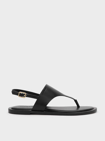 V-Strap Slingback Thong Sandals, Black, hi-res