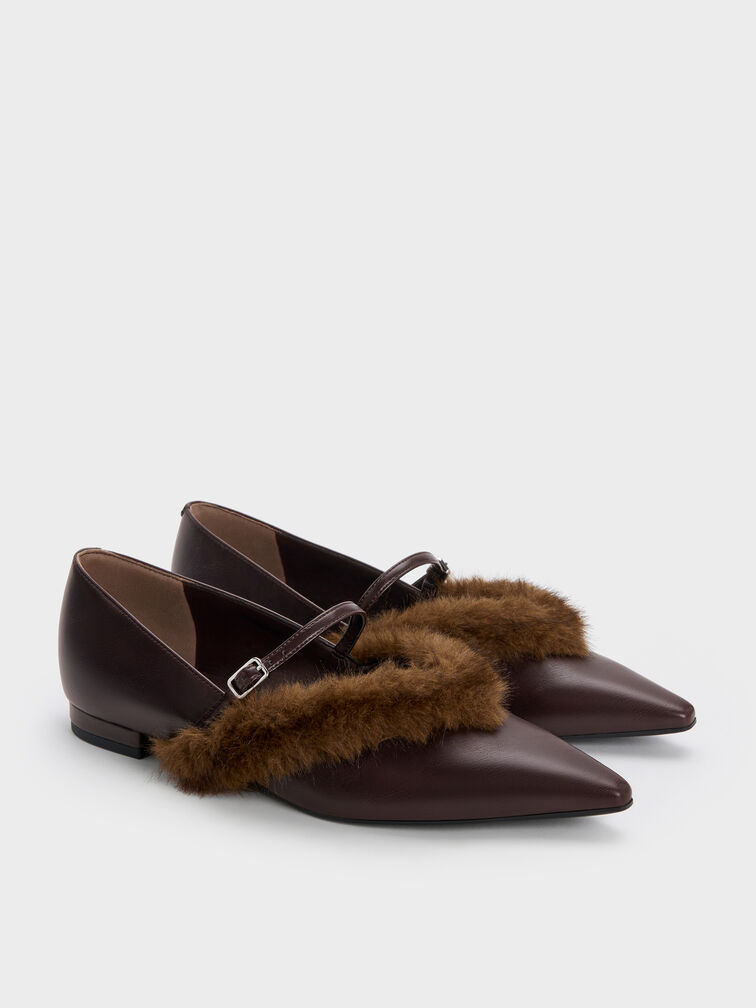 Emila Faux Suede Fur-Trim Pointed Mary Janes, Dark Brown, hi-res