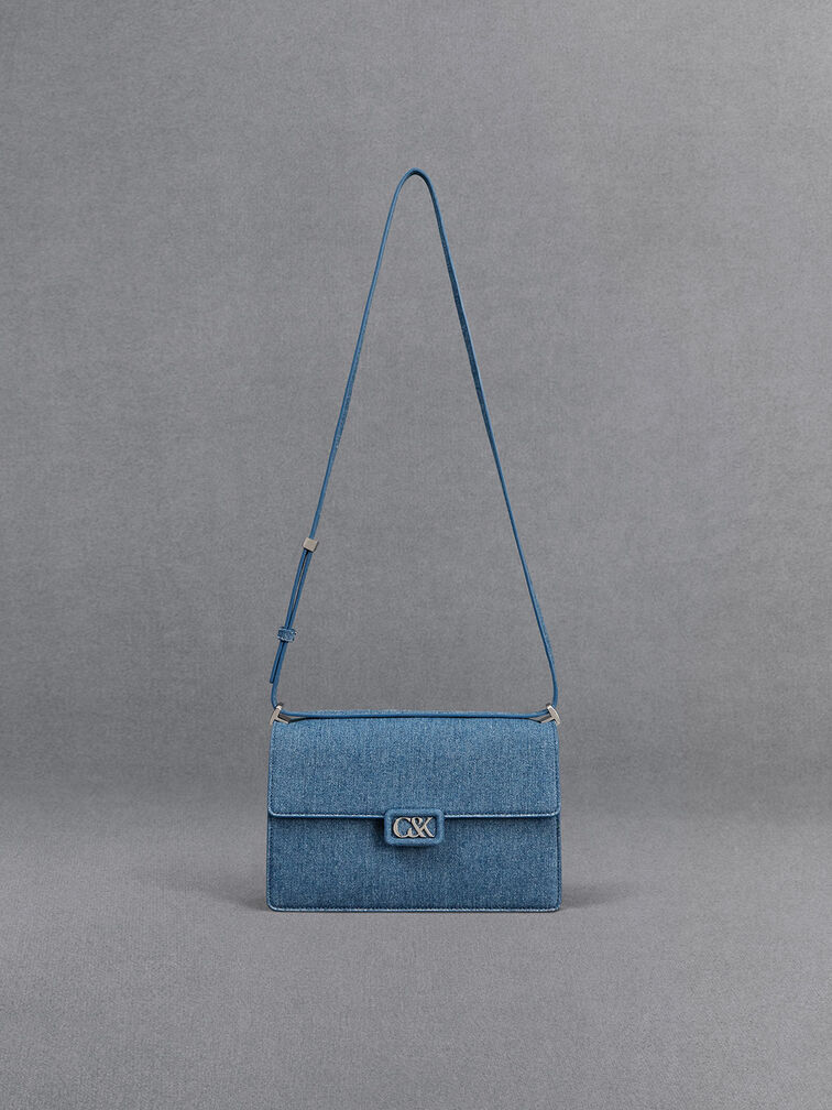 กระเป๋าสะพายไหล่ผ้าเดนิม, สีฟ้า, hi-res