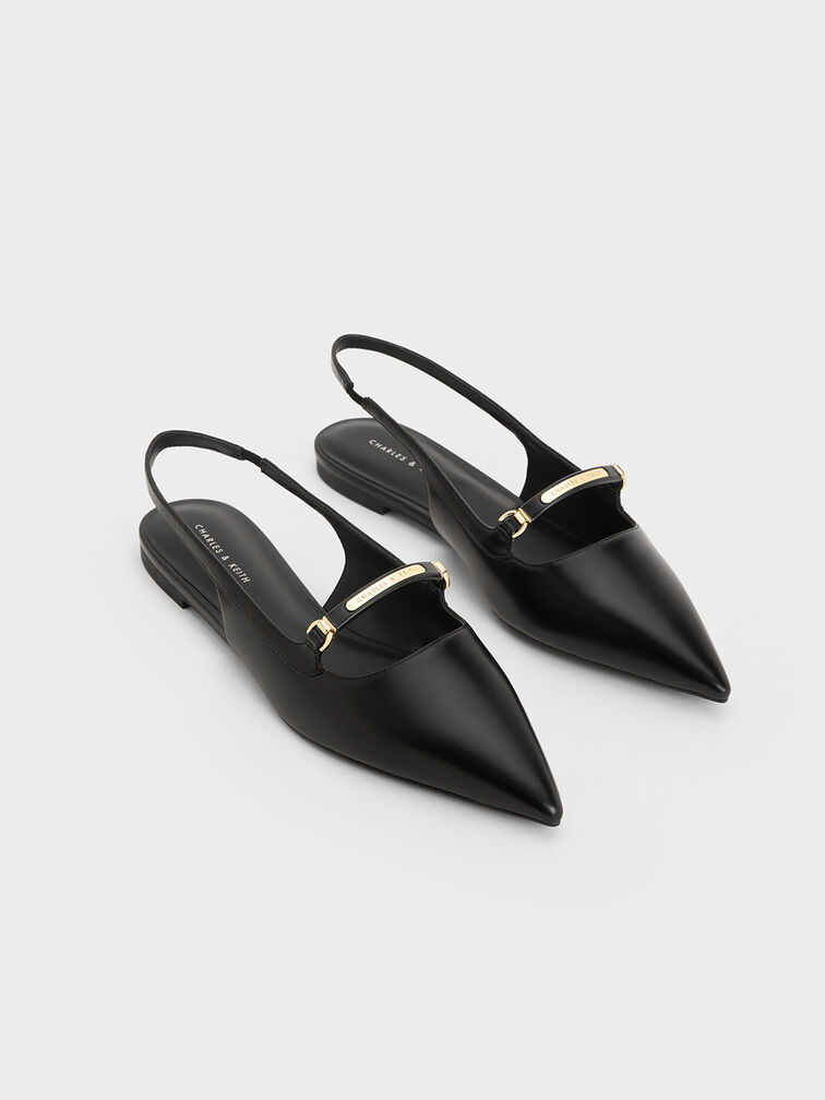 Metallic Bar Accent Slingback Flats, สีดำ, hi-res