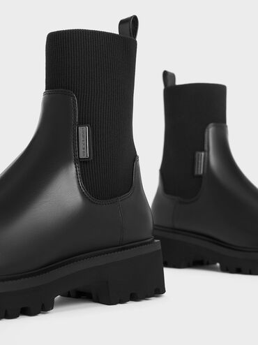 Knitted Sock Ridge-Sole Chelsea Boots, สีดำ, hi-res
