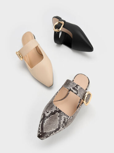 Buckle-Strap Flat Mules, Black, hi-res