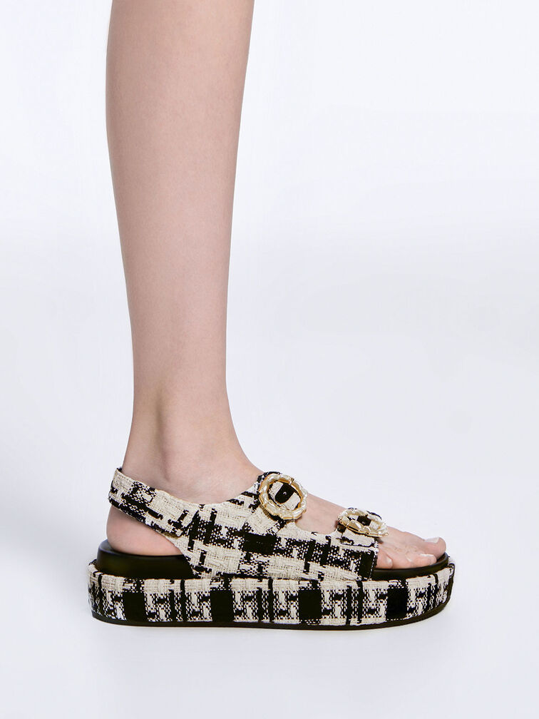 Tweed Pearl-Buckle Double Strap Sandals, สีแบล็คเท็กซ์เจอร์, hi-res