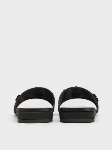 Mesh & Satin Sequin-Flower Slide Sandals, Black Textured, hi-res