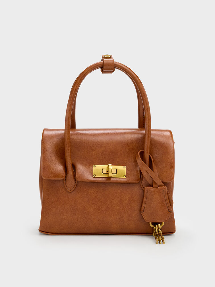 กระเป๋าโท้ทมินิดีเทลตัวล็อคแบบหมุนรุ่น Kerry, สีดิสเทรสด์แทน, hi-res