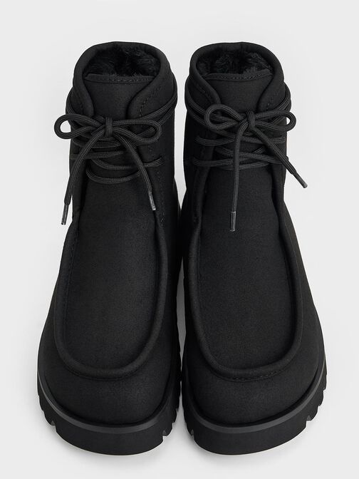 Textured Fur-Lined Ridged-Sole Ankle Boots, Black, hi-res