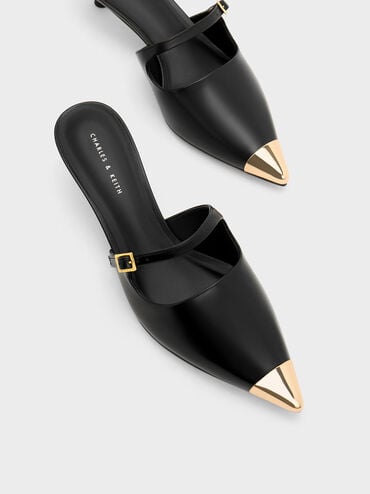 Metallic Cap Heeled Mules, Black, hi-res