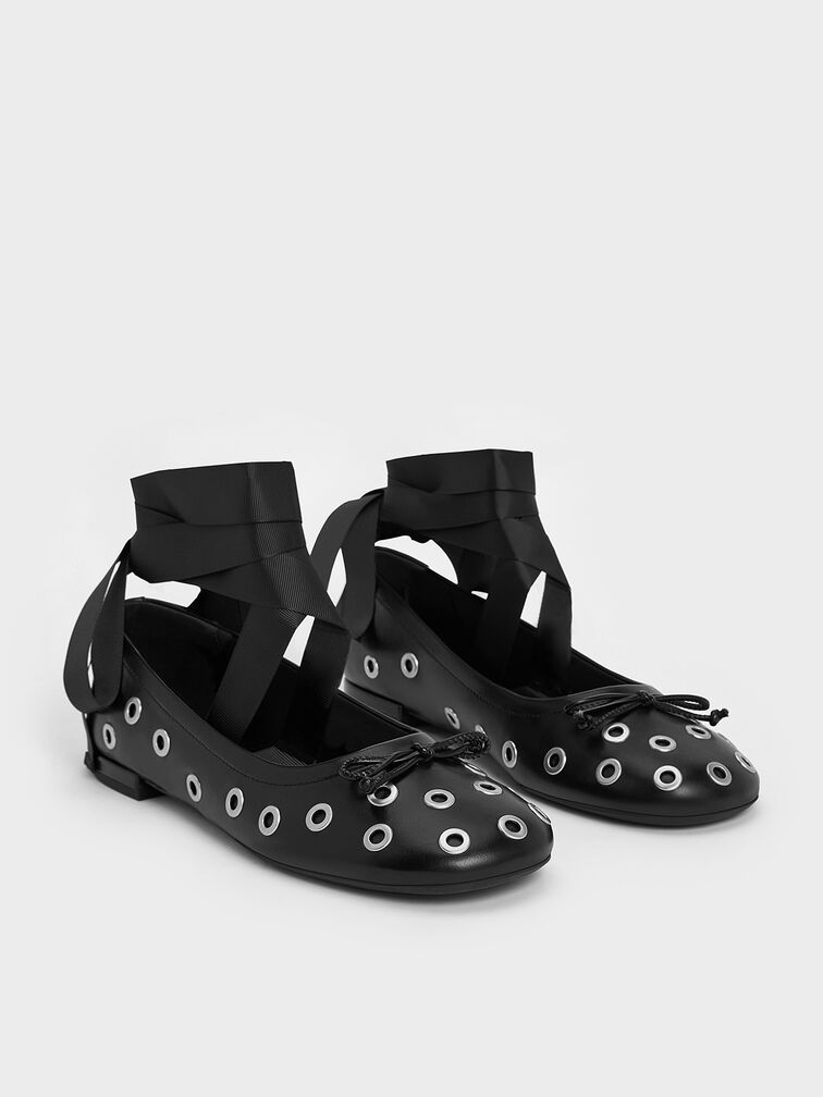 Margot Grommet Tie-Around Ballet Flats, Black, hi-res