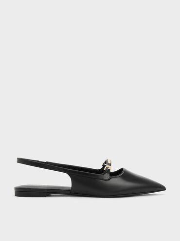 Metallic Bar Accent Slingback Flats, สีดำ, hi-res