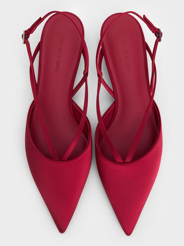 Satin V-Strap Pointed-Toe Slingback Kitten Heels, Red, hi-res