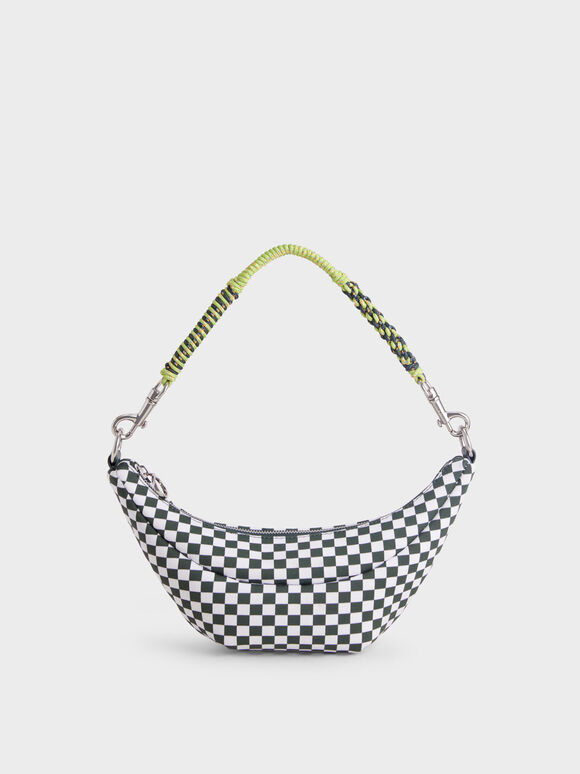 Knit & Nylon Checkered Croissant Bag, Dark Green, hi-res
