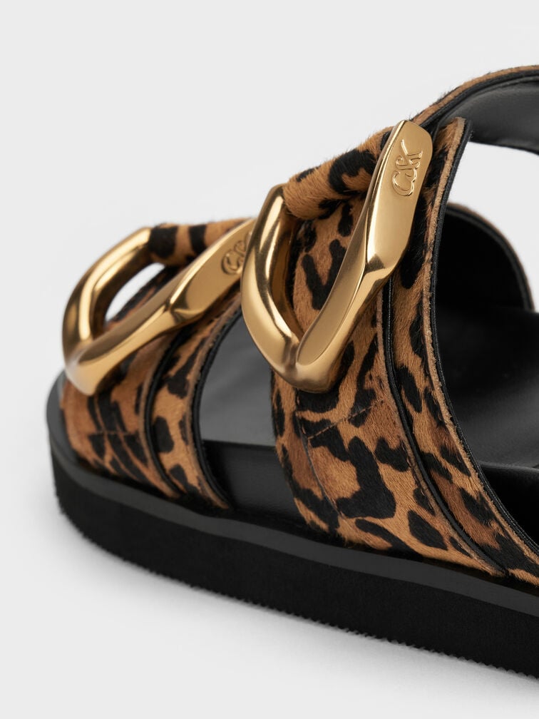 Gabine Leopard-Print Gold-Buckle Leather Slides, Animal Print Brown, hi-res