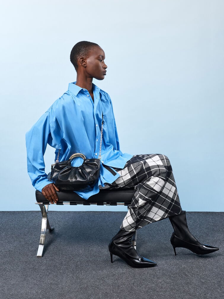 Ciara Ruched Metal Top Handle Bag, Black, hi-res