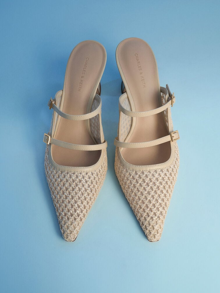 Raffia Sculptural-Heel Pointed Mules, Beige, hi-res