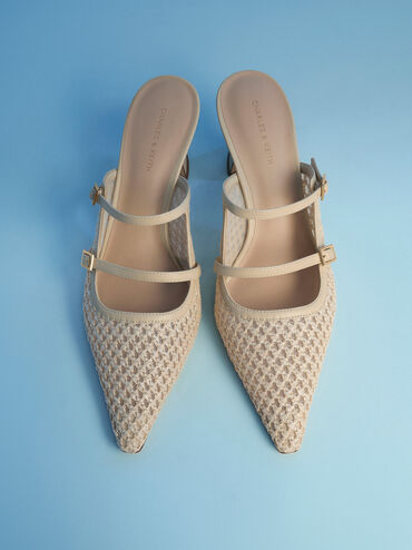 Raffia Sculptural-Heel Pointed Mules, Beige, hi-res