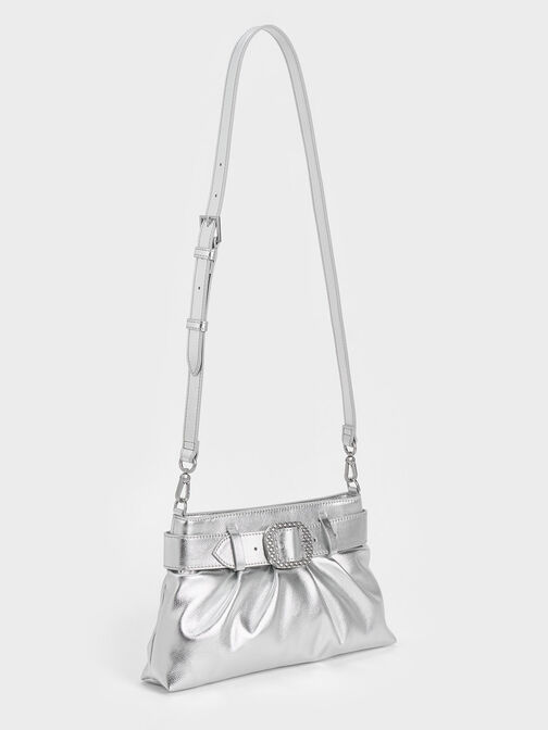 Avis Metallic Belted Ruched Shoulder Bag, สีเงิน, hi-res