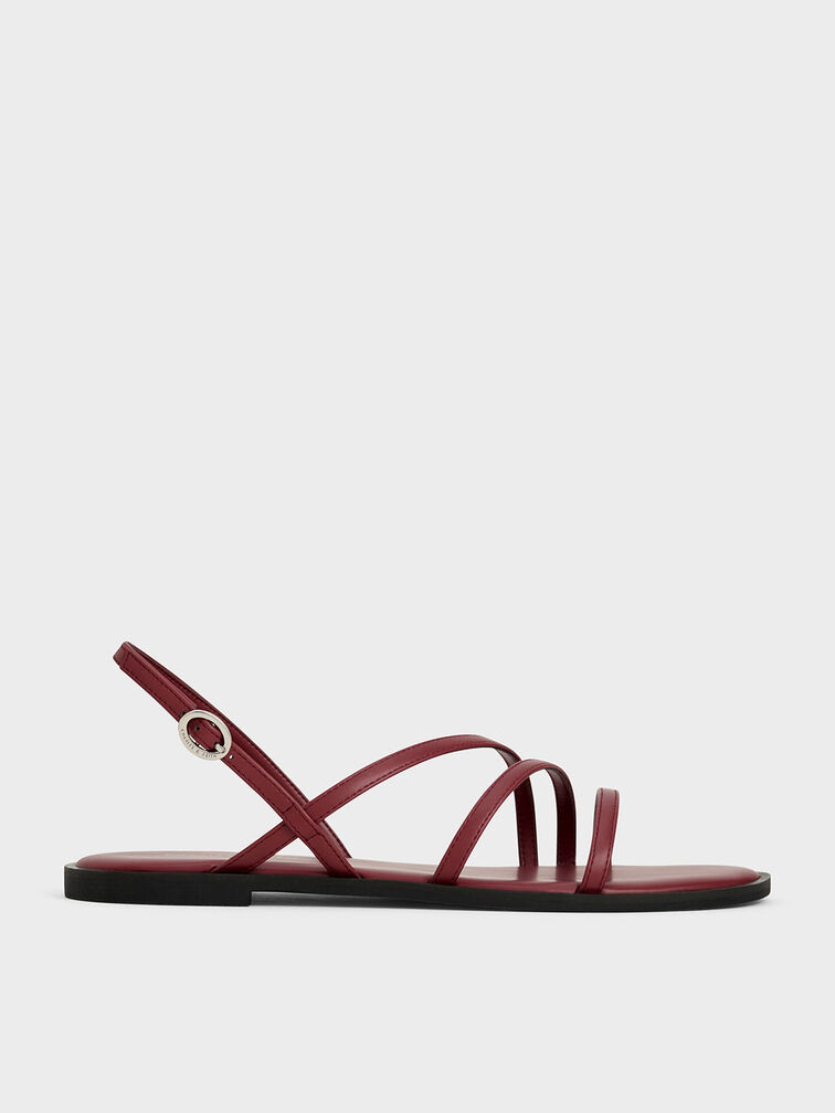Asymmetric Triple-Strap Sandals, สีเบอร์กันดี, hi-res