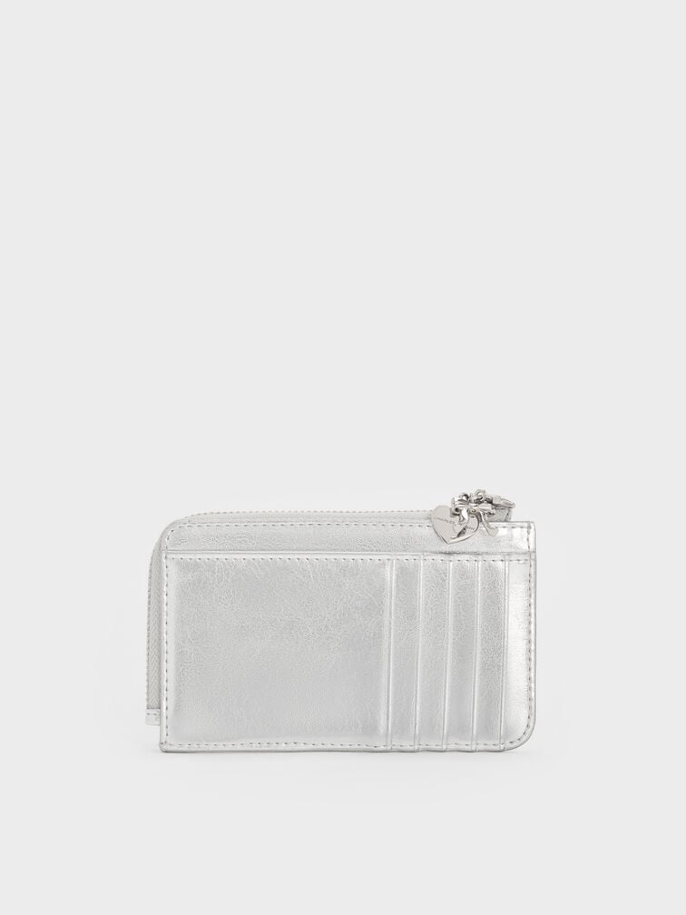 กระเป๋าสตางค์ลายควิลท์ดีเทลซิปรอบพร้อมประดับชาร์มรูปหัวใจโบว์รุ่น Arrietty, สีเงิน, hi-res