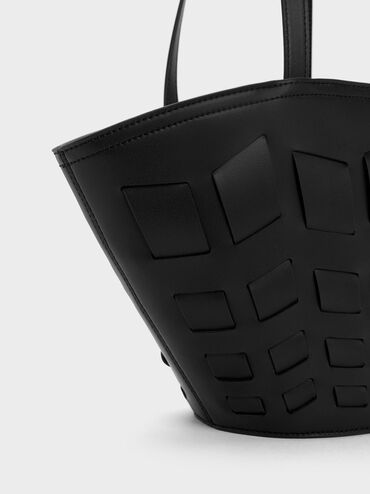Panelled Tote Bag, สีดำ, hi-res