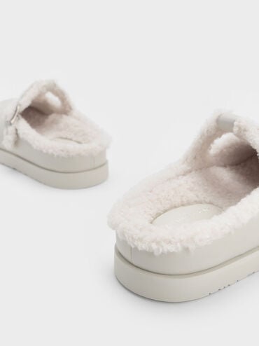Fur-Trim Buckled Mules, สีชอล์ค, hi-res