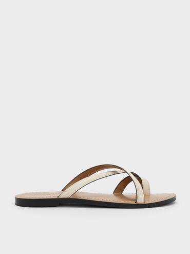 รองเท้าแตะดีไซน์สายไขว้พร้อมห่วงคล้องนิ้วเท้า, สีชอล์ค, hi-res