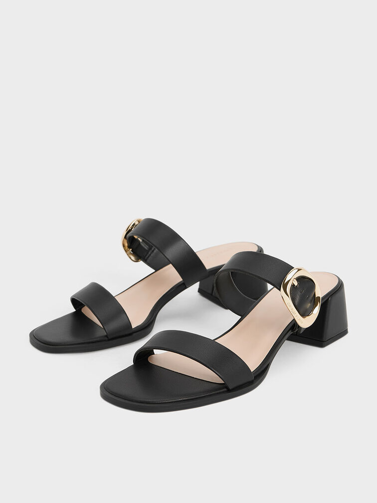Oval Buckle-Accent Trapeze-Heel Mules, Black, hi-res