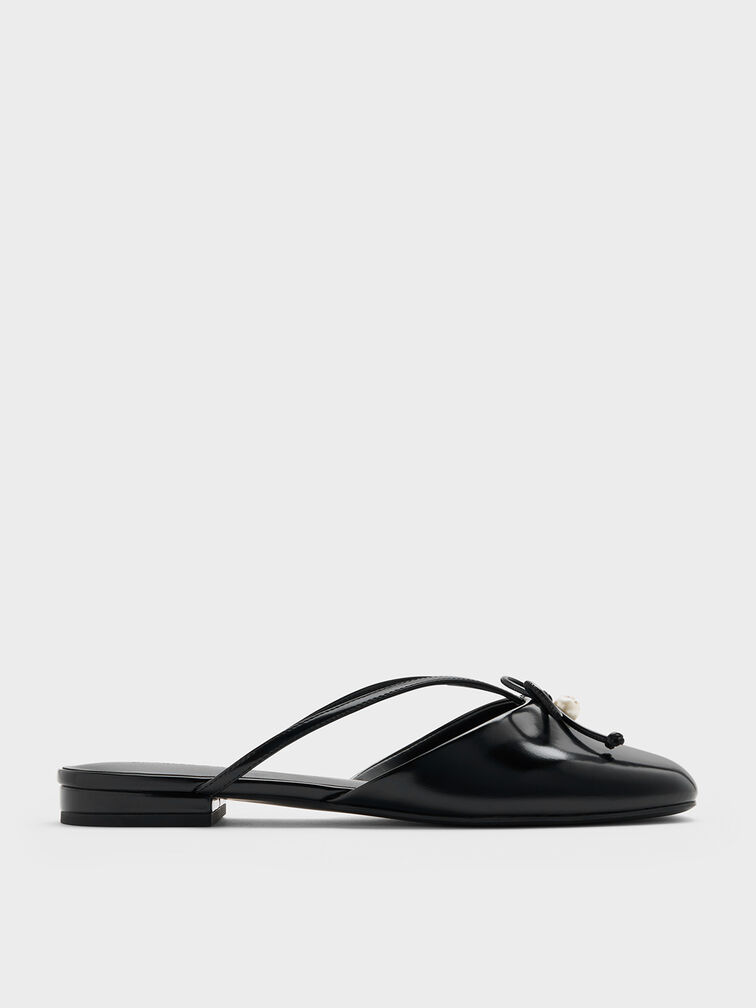 Pearl-Accent Bow Flat Mules, Black Boxed, hi-res