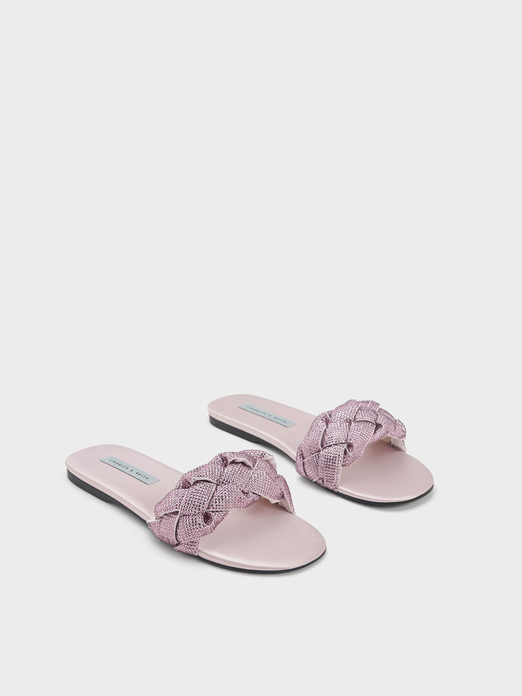 Gem-Embellished Braided Strap Slides, Lilac, hi-res