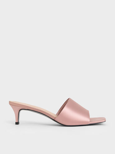 Satin Square-Toe Kitten-Heel Mules, Nude, hi-res