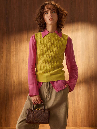 กระเป๋าทรงโบว์ลิ่งดีไซน์ลายเส้นพร้อมสายโซ่รุ่น Philomena, สีดิสเทรสด์คอฟฟี่, hi-res