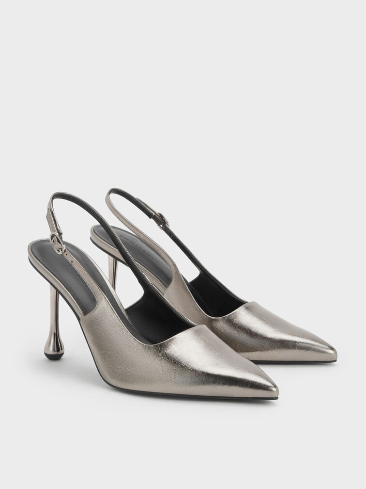 Metallic Sculptural-Heel Pointed Pumps, Pewter, hi-res