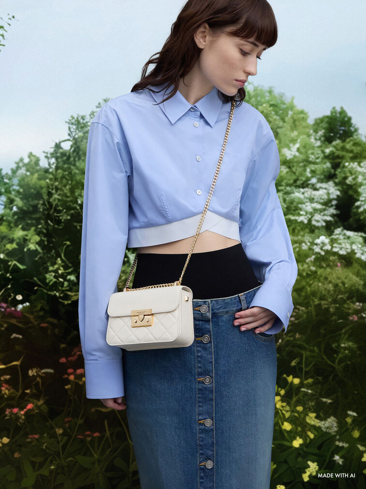 กระเป๋าถือสายโซ่ดีไซน์ลายควิลท์รุ่น Alva, สีครีม, hi-res