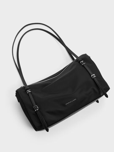 กระเป๋าสะพายไหล่ผ้าไนลอนรุ่น Levy, สีดำอะไหล่สีเงิน, hi-res